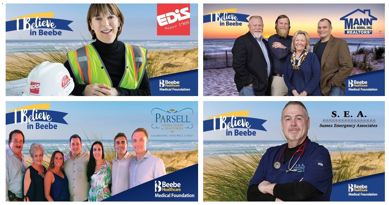 The four billboards of Beebe Believers, EDiS Company, Mann & Sons, Inc. Realty, Parsell Funeral Homes & Crematorium, and Sussex Emergency Associates.